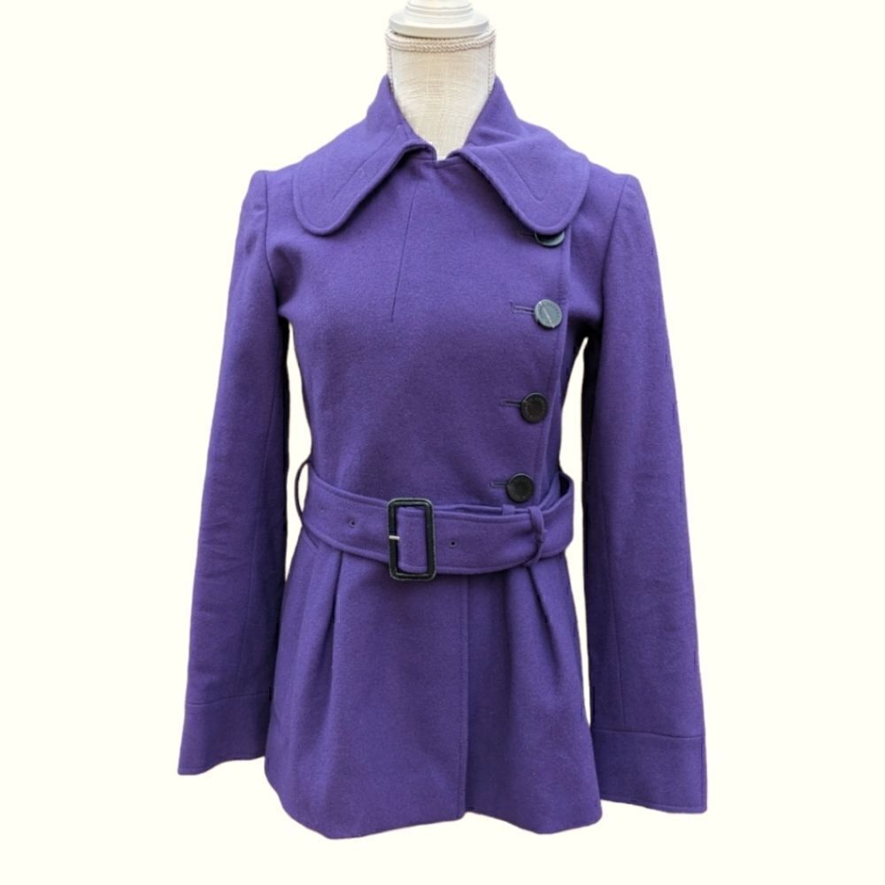 Aquascutum London Women's Wool Purple Peplum Buttoned Coat with Belt Size 6 Reg
